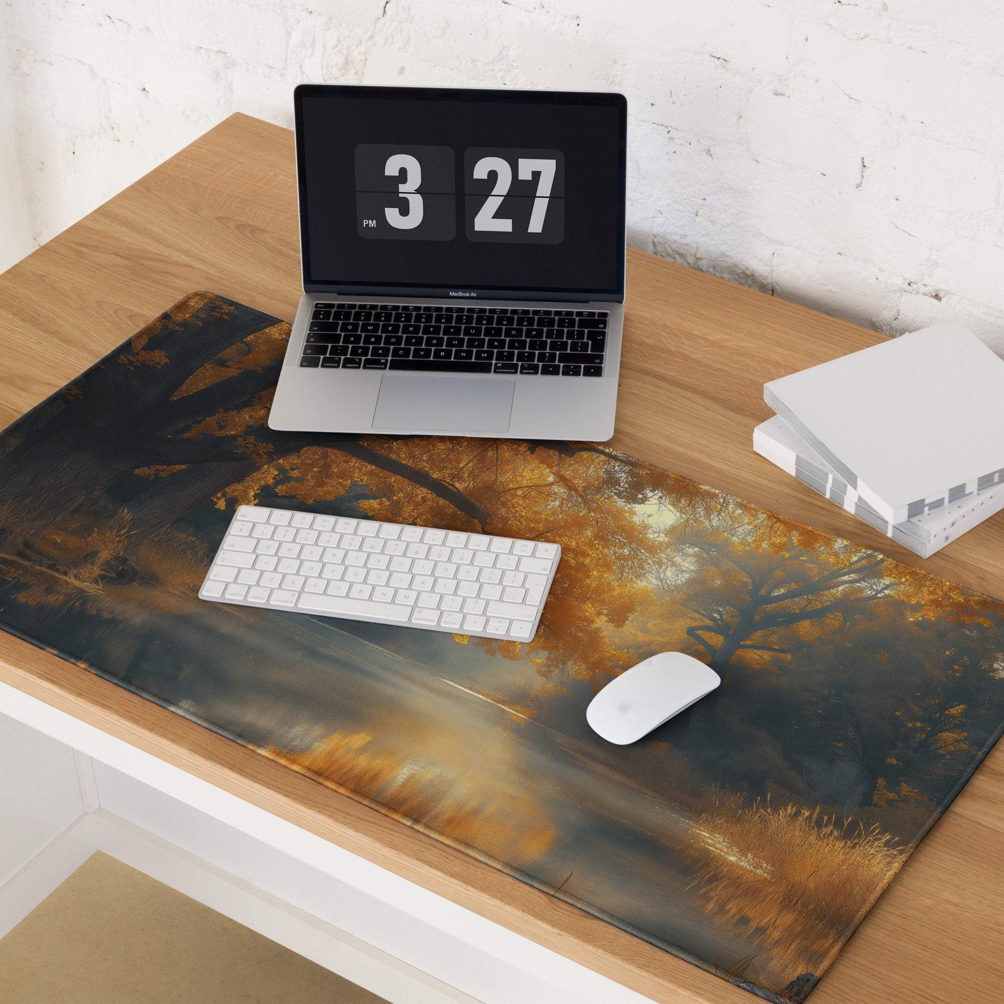 Autumn Forest Riverside gaming mouse pad with warm glow scene