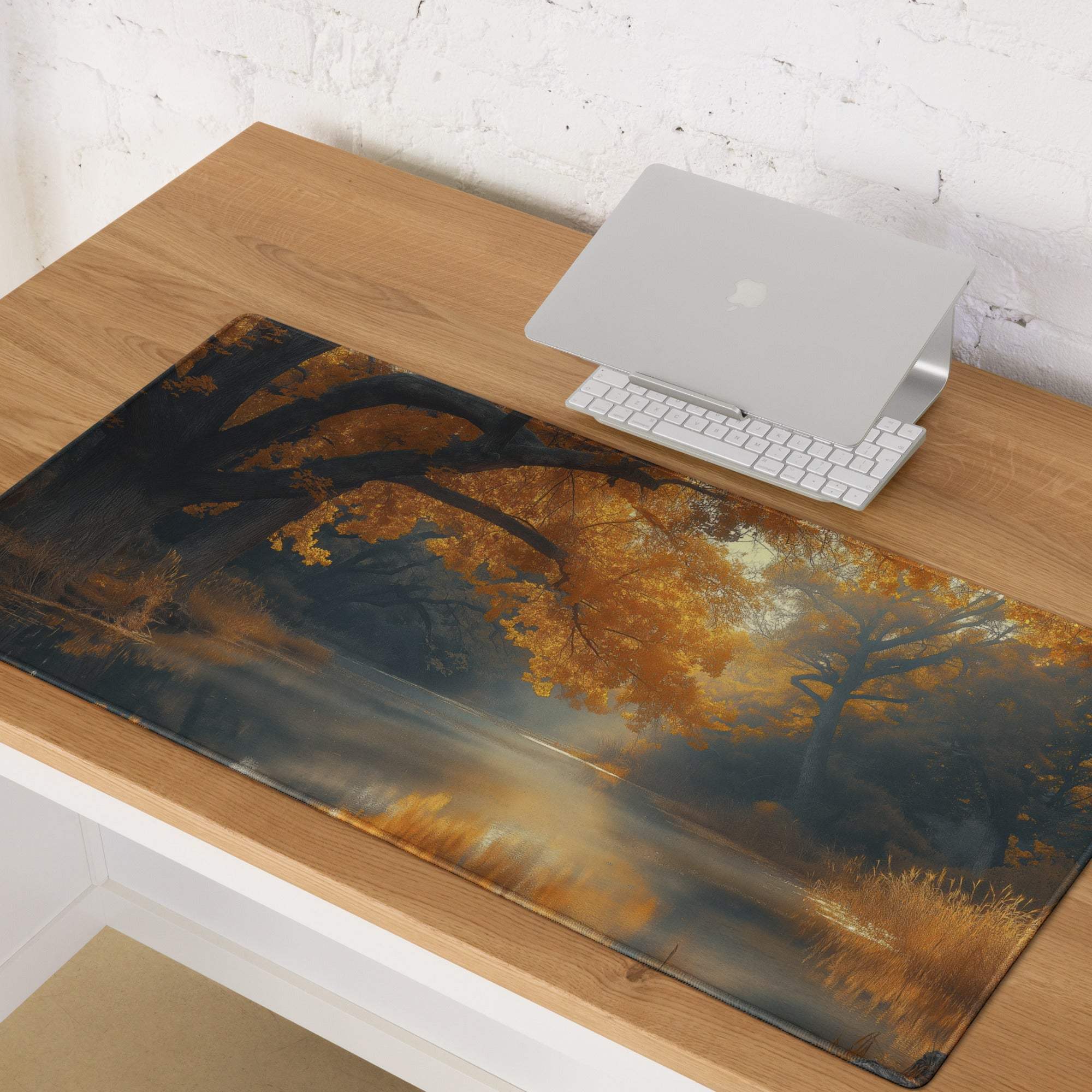 Autumn Forest Riverside gaming mouse pad with warm glow leaves