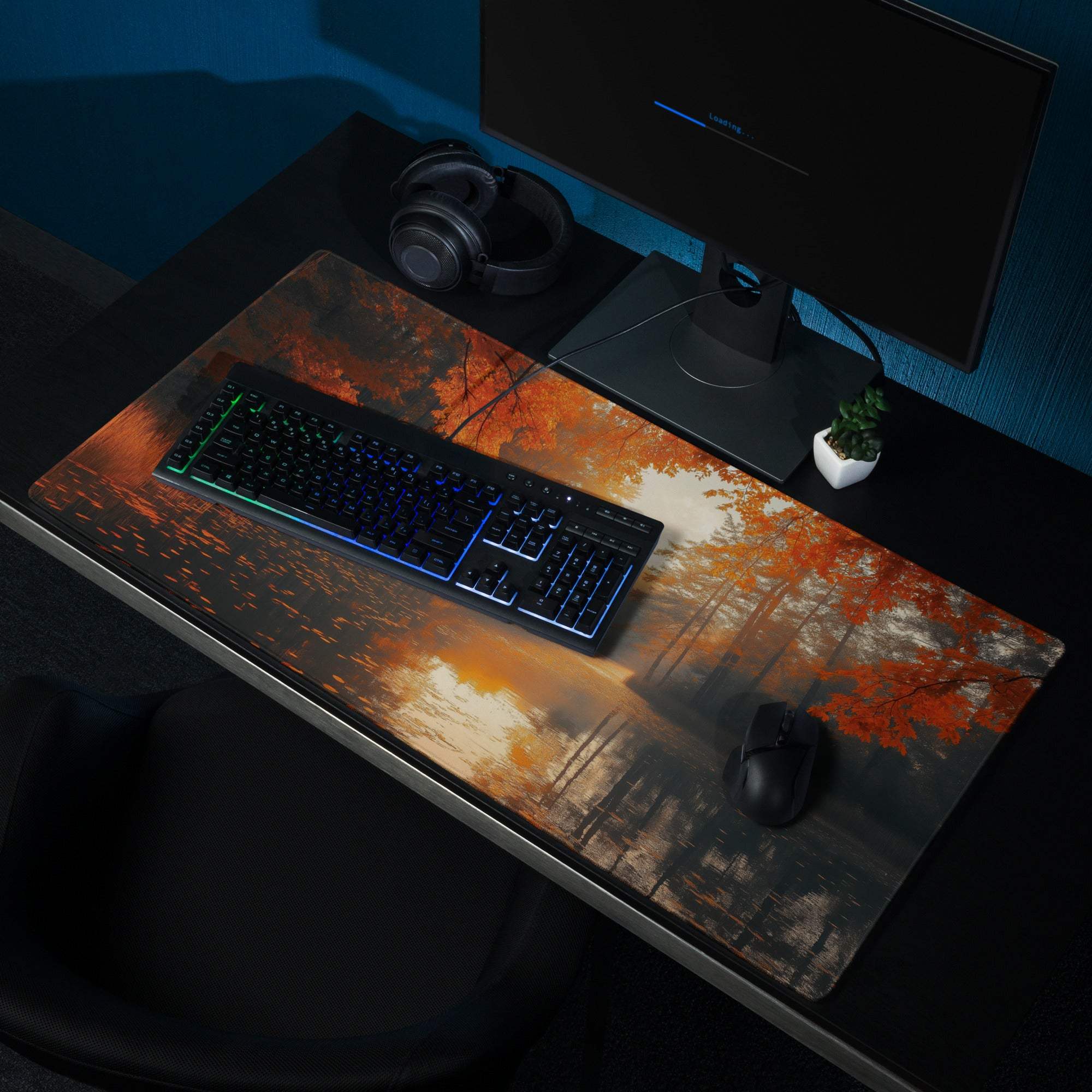 Autumn Forest Warmth large gaming mouse pad with orange black glossy scene