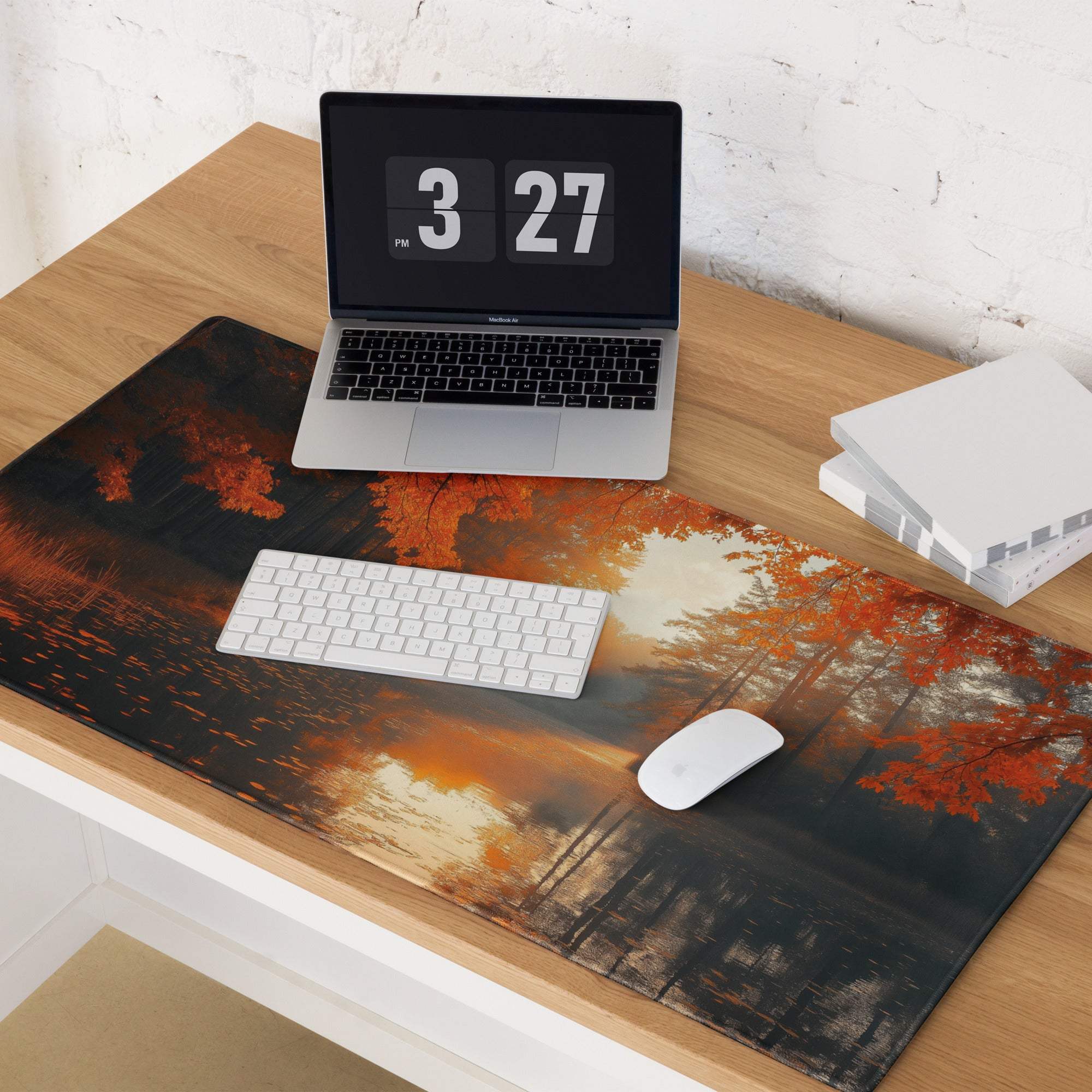 Autumn Forest Warmth large gaming mouse pad with vibrant orange red forest scene