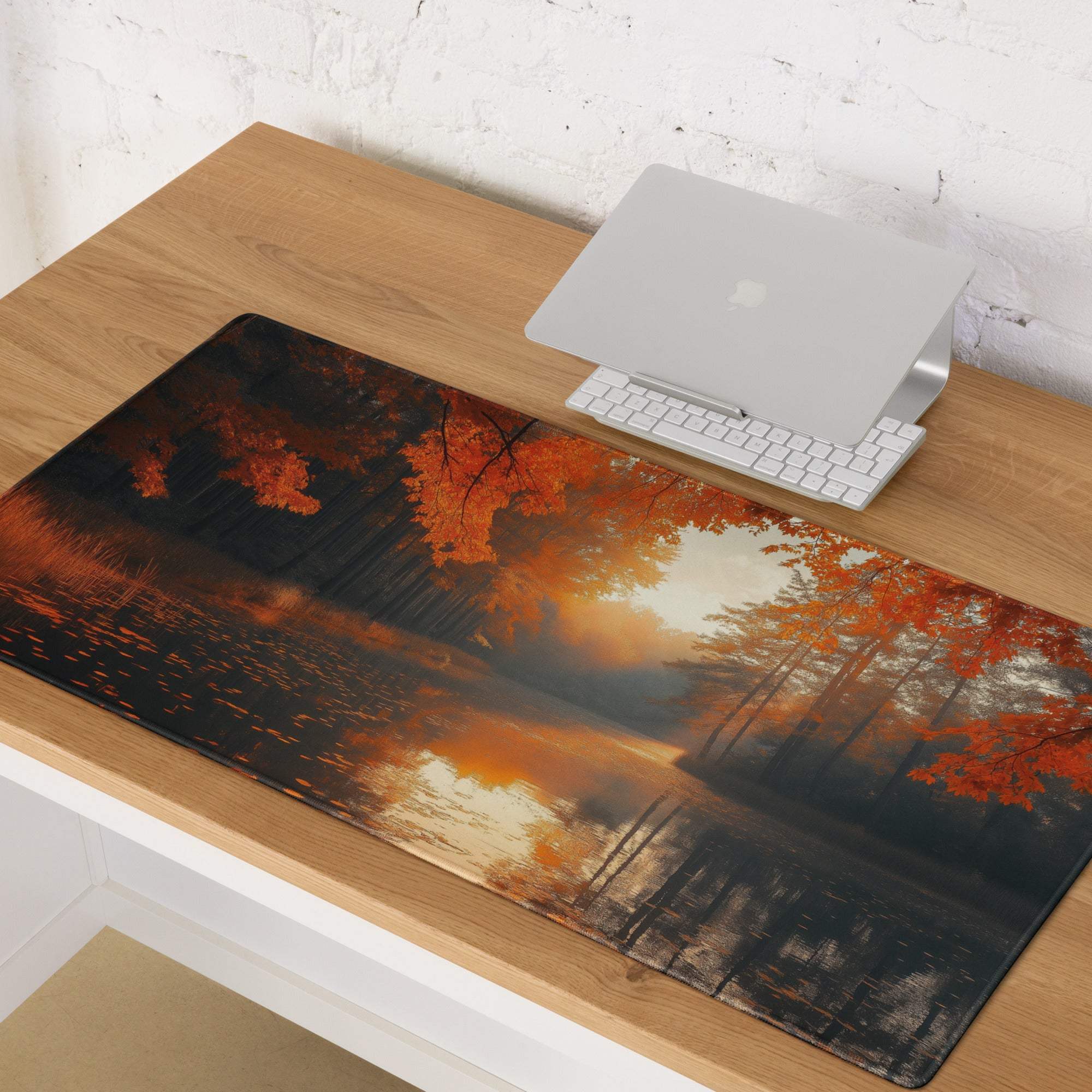 Autumn Forest Warmth large gaming mouse pad with fiery fall leaves reflection