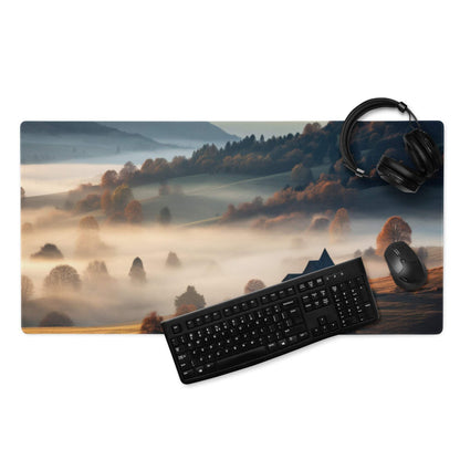 Epic Landscape Warm Mist gaming mouse pad with misty hills, autumn trees, keyboard, mouse
