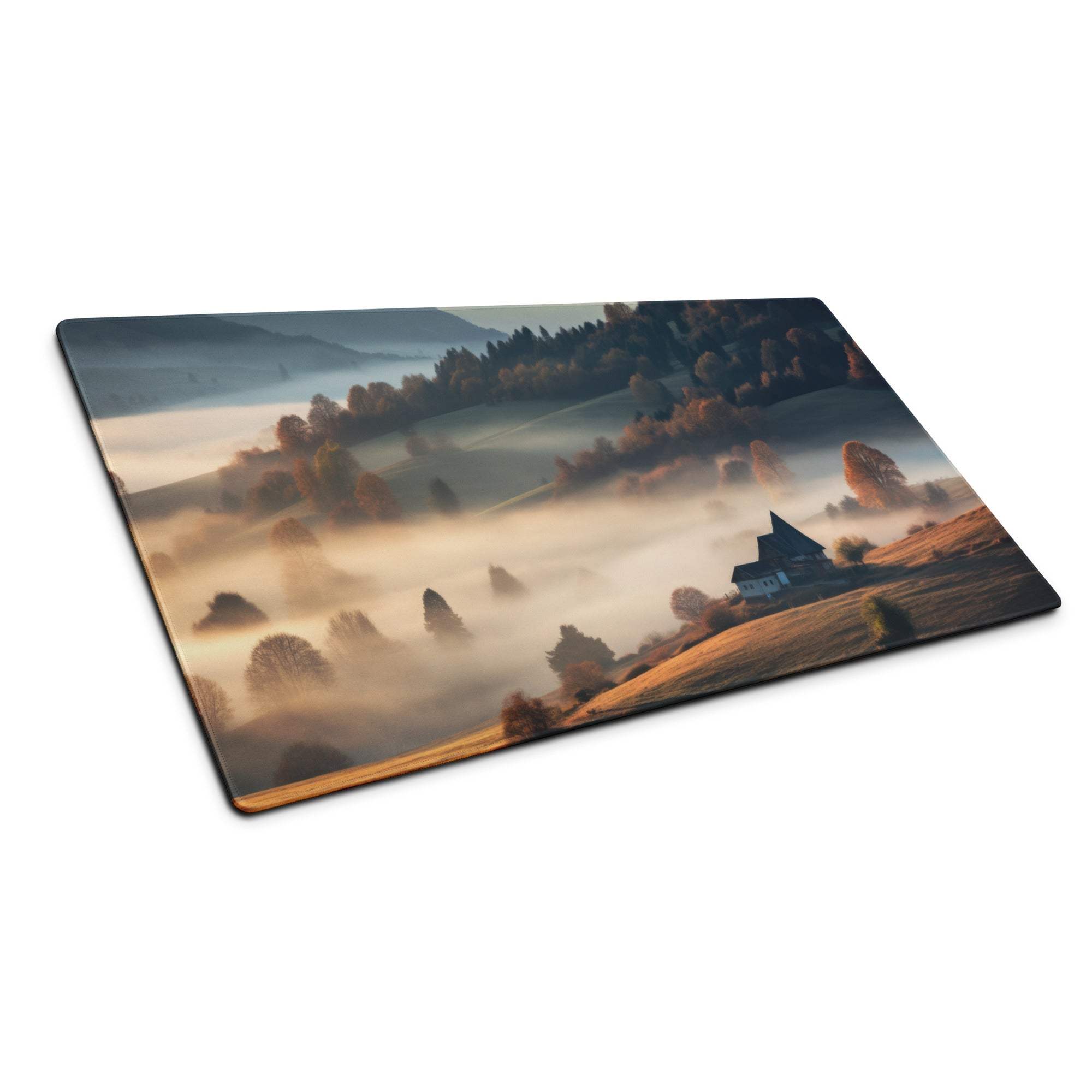 Epic Landscape Warm Mist gaming mouse pad with misty hills print