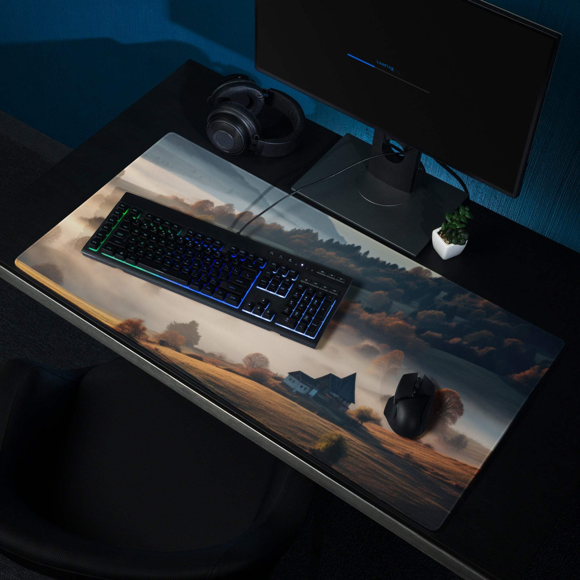 Epic Landscape Warm Mist gaming mouse pad with golden fields, silhouetted trees, house, dramatic sky, large size, stitched edges, non-slip backing