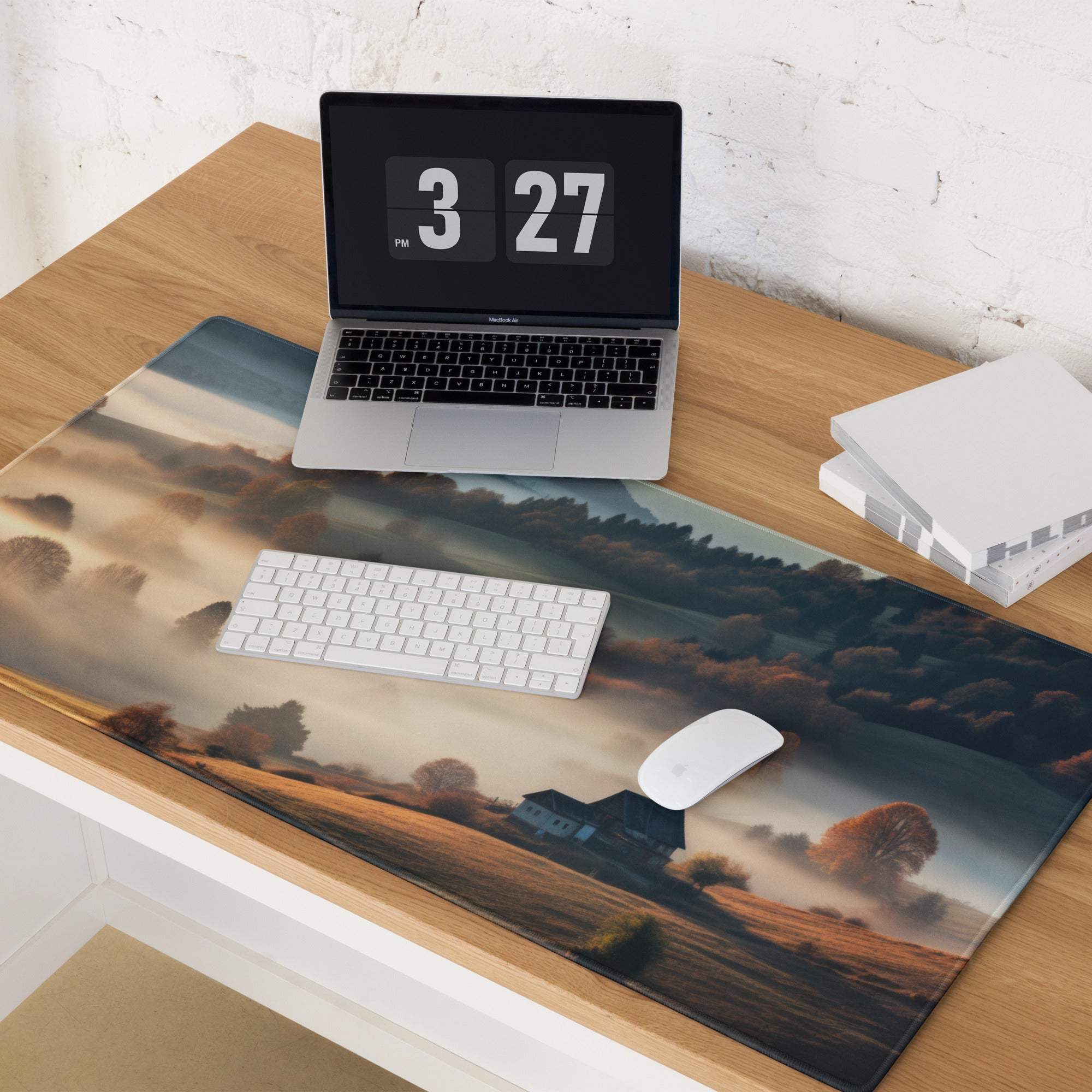Epic Landscape Warm Mist gaming mouse pad with misty fields, edge stitching