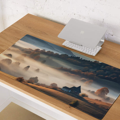 Epic Landscape Warm Mist gaming mouse pad with misty hills and house