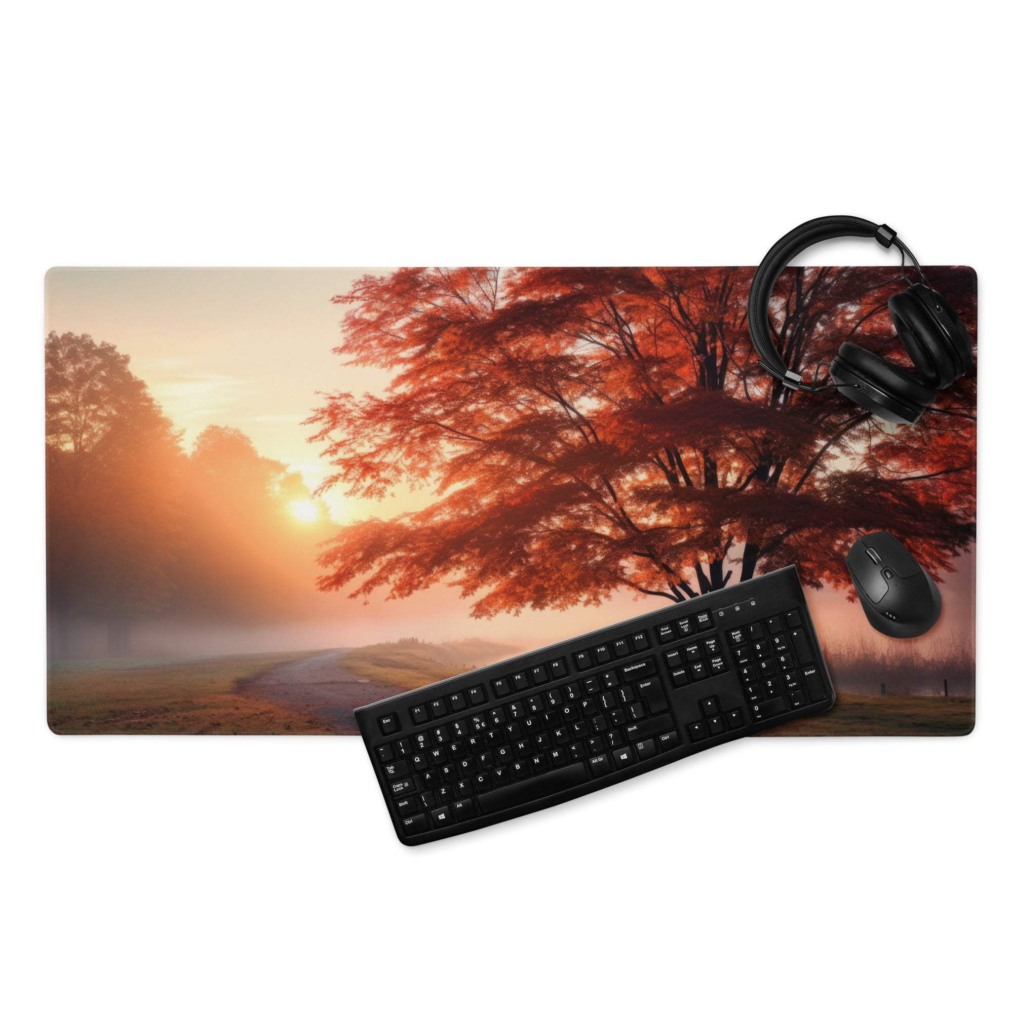 Scenic autumn sunrise tree landscape gaming mouse pad with warm amber glow