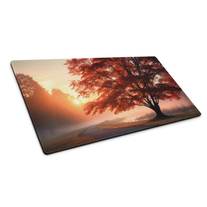 Scenic autumn sunrise tree gaming mouse pad with sunset glow