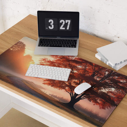 Scenic autumn sunrise tree gaming mouse pad with warm amber glow