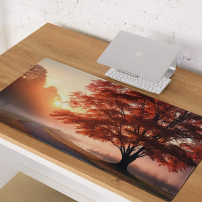 Scenic autumn sunrise tree gaming mouse pad with sunset glow