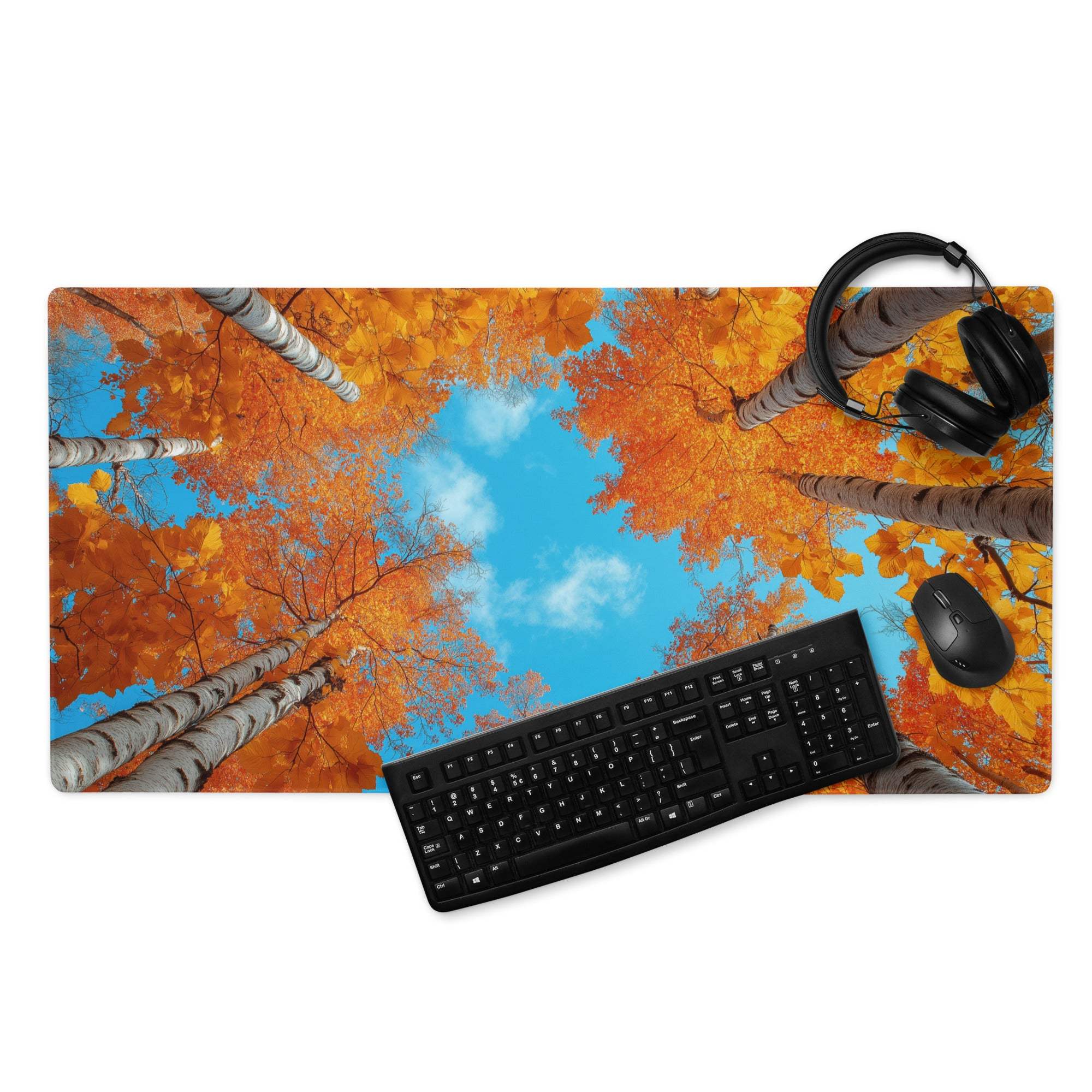 Large Autumn Forest gaming mouse pad with orange leaves, birch trees, blue sky, non-slip backing