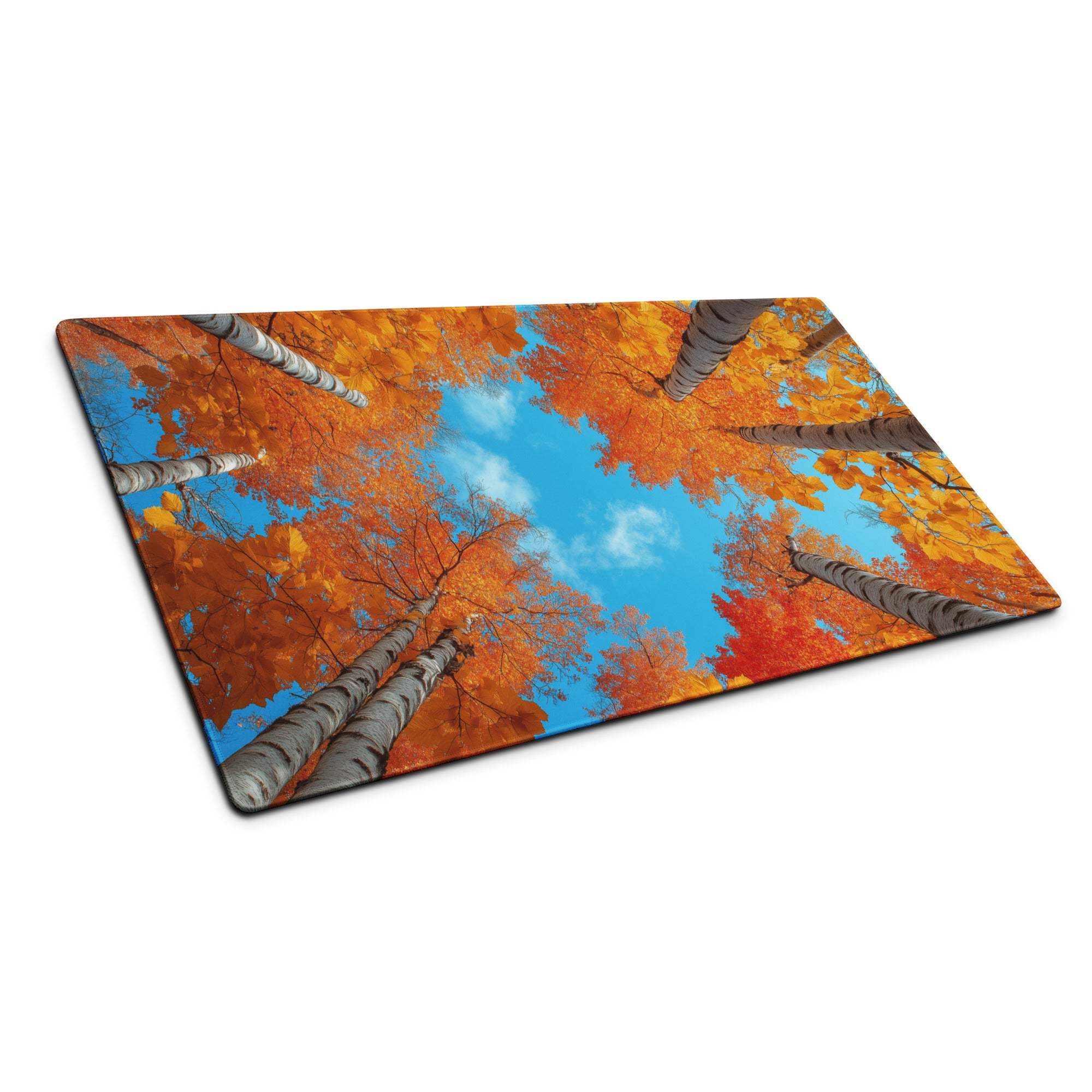 Autumn forest scene mouse pad with orange leaves, blue sky, non-slip backing