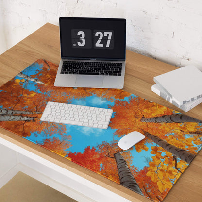 Autumn forest gaming mouse pad with orange leaves, blue sky, non-slip backing