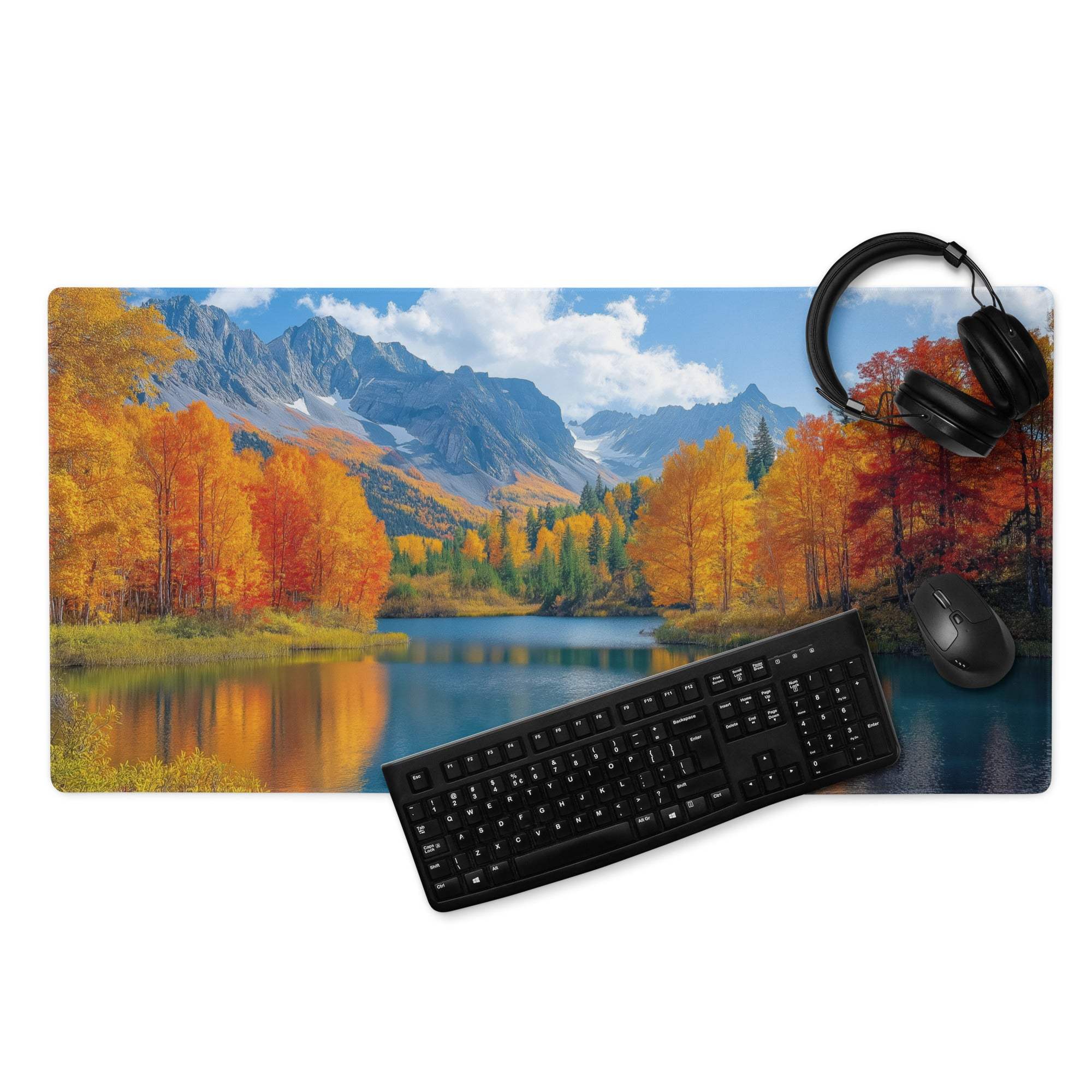 Large Autumn Mountain Lake Gaming Mouse Pad with vibrant landscape and non-slip base