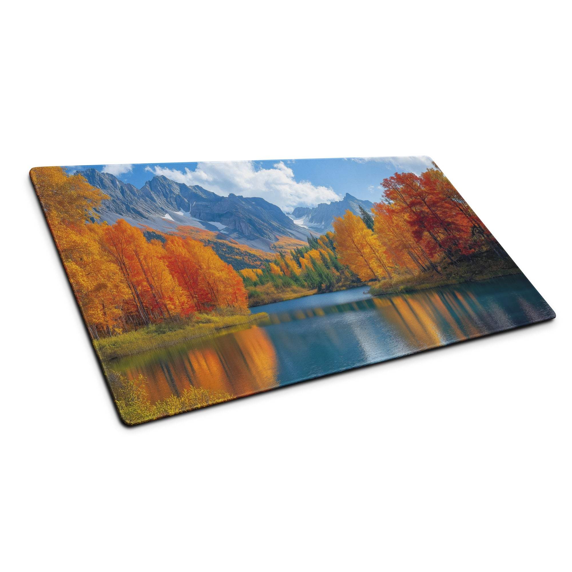 Autumn mountain lake gaming mouse pad with vibrant orange trees reflecting in blue lake