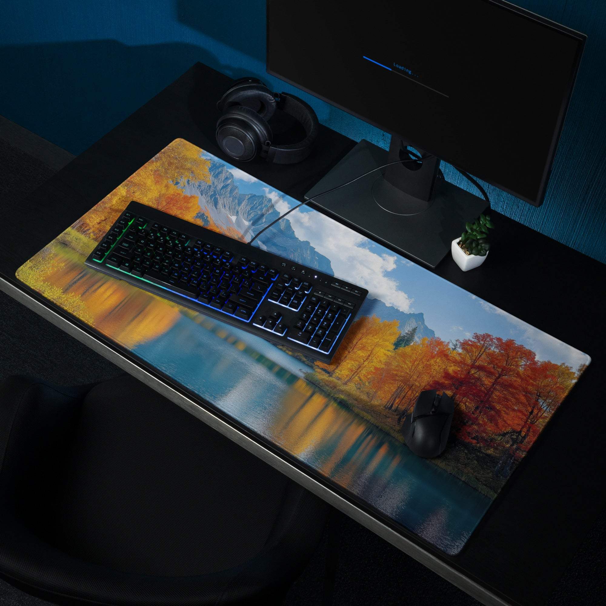 Autumn mountain lake gaming mouse pad with orange trees, lake reflection, peaks