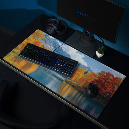Autumn mountain lake gaming mouse pad with orange trees, lake reflection, peaks