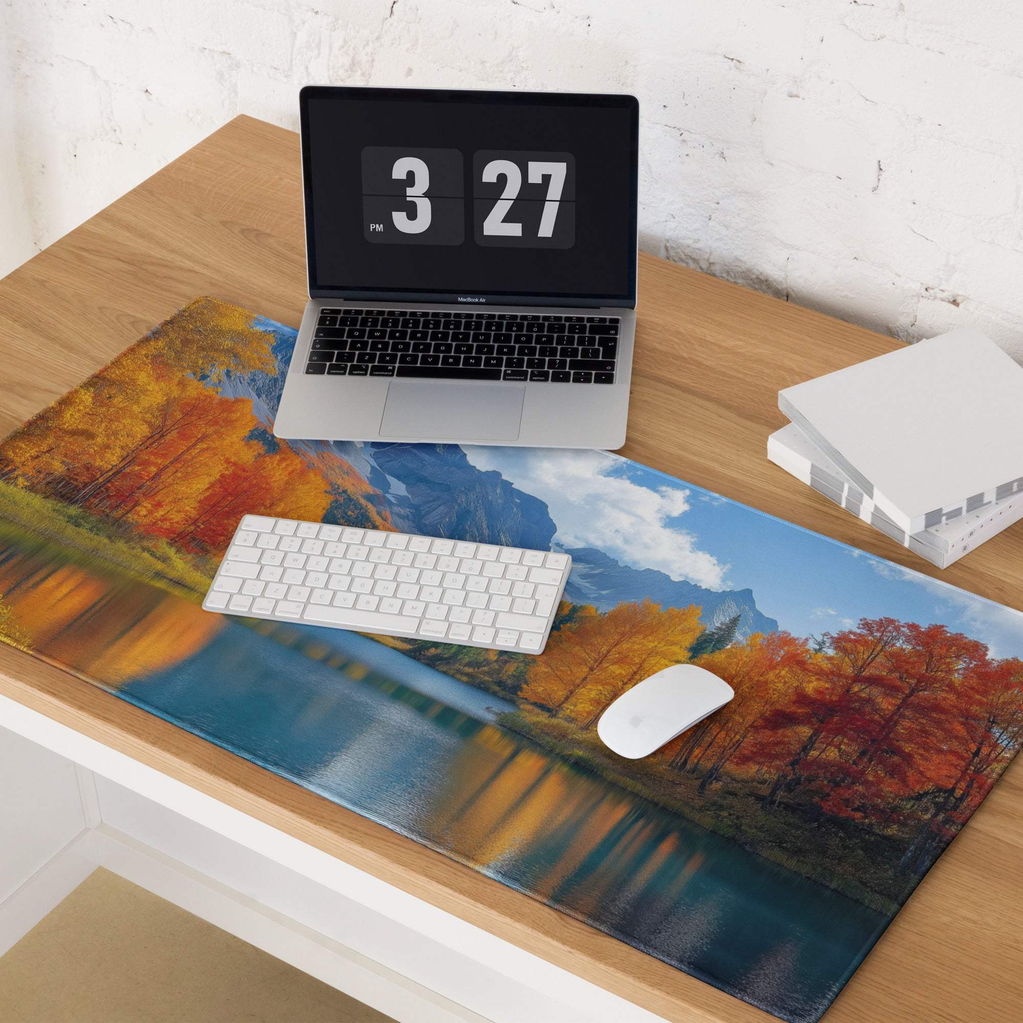 Vibrant autumn lake landscape gaming mouse pad with non-slip base