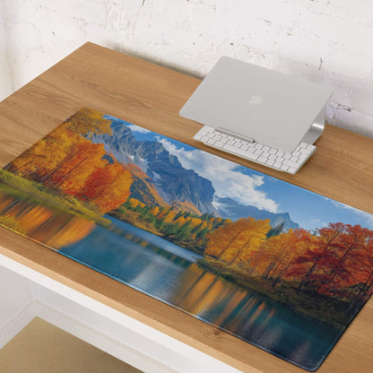 Autumn mountain lake gaming mouse pad with vibrant orange trees reflection