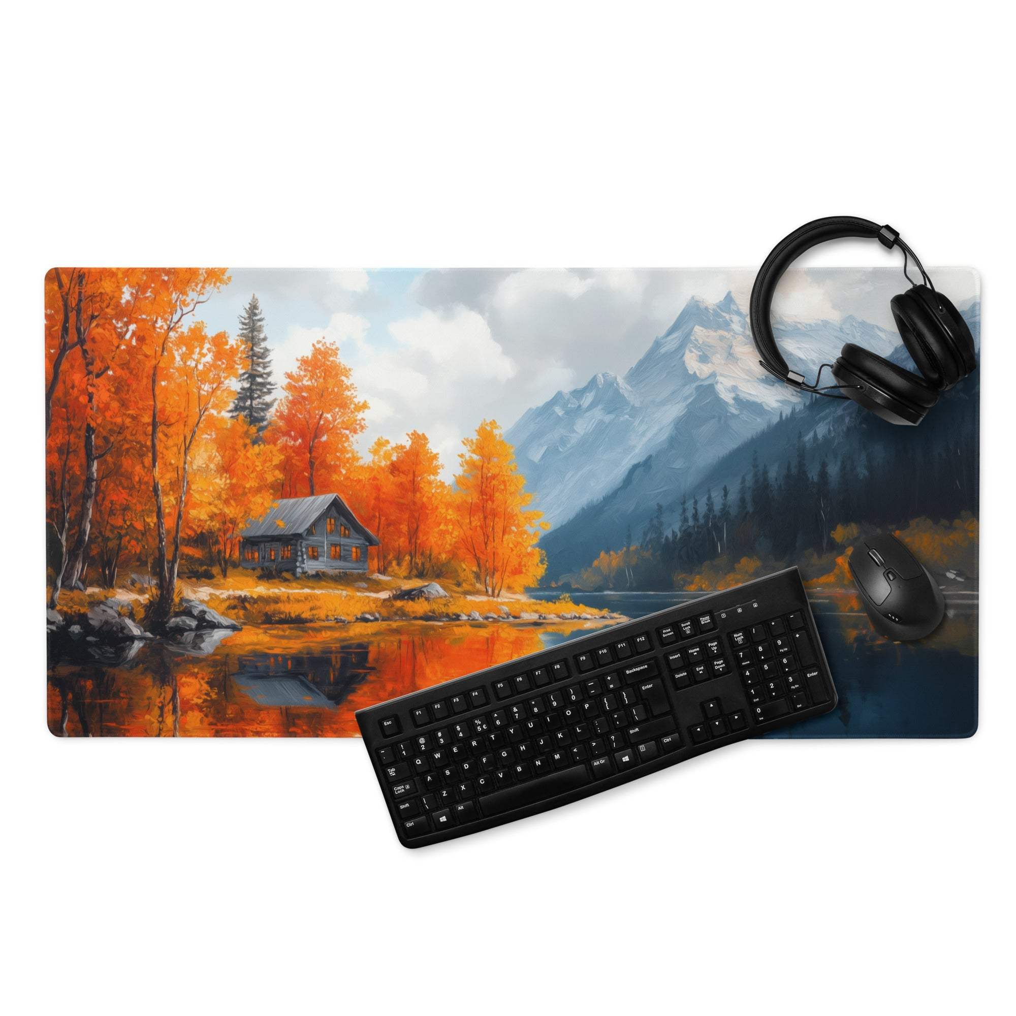 Large autumn lake cabin gaming mouse pad with scenic orange trees, cozy cabin, lake, mountains, non-slip backing