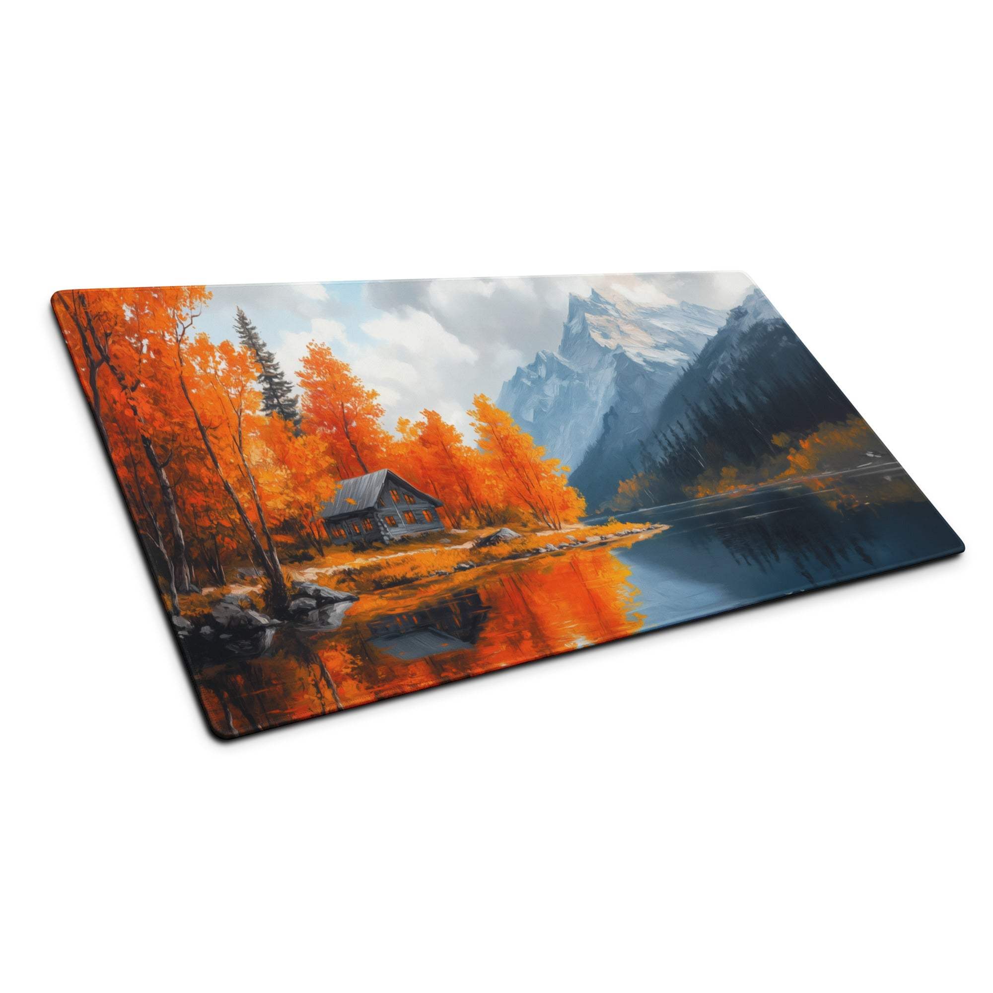 Autumn lake cabin landscape on large non-slip gaming mouse pad