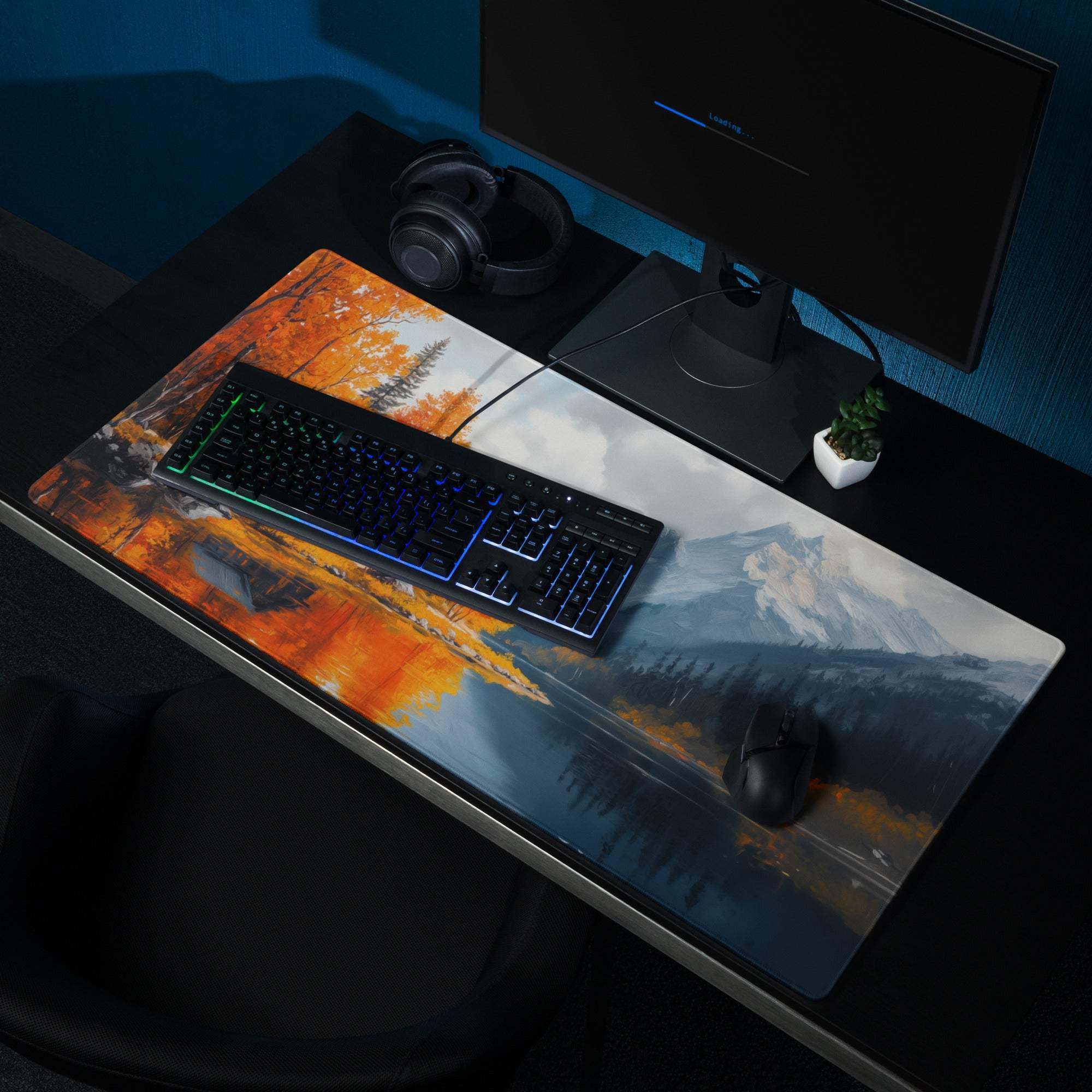 Autumn Lake Cabin gaming mouse pad with orange trees, lake, mountains, non-slip backing