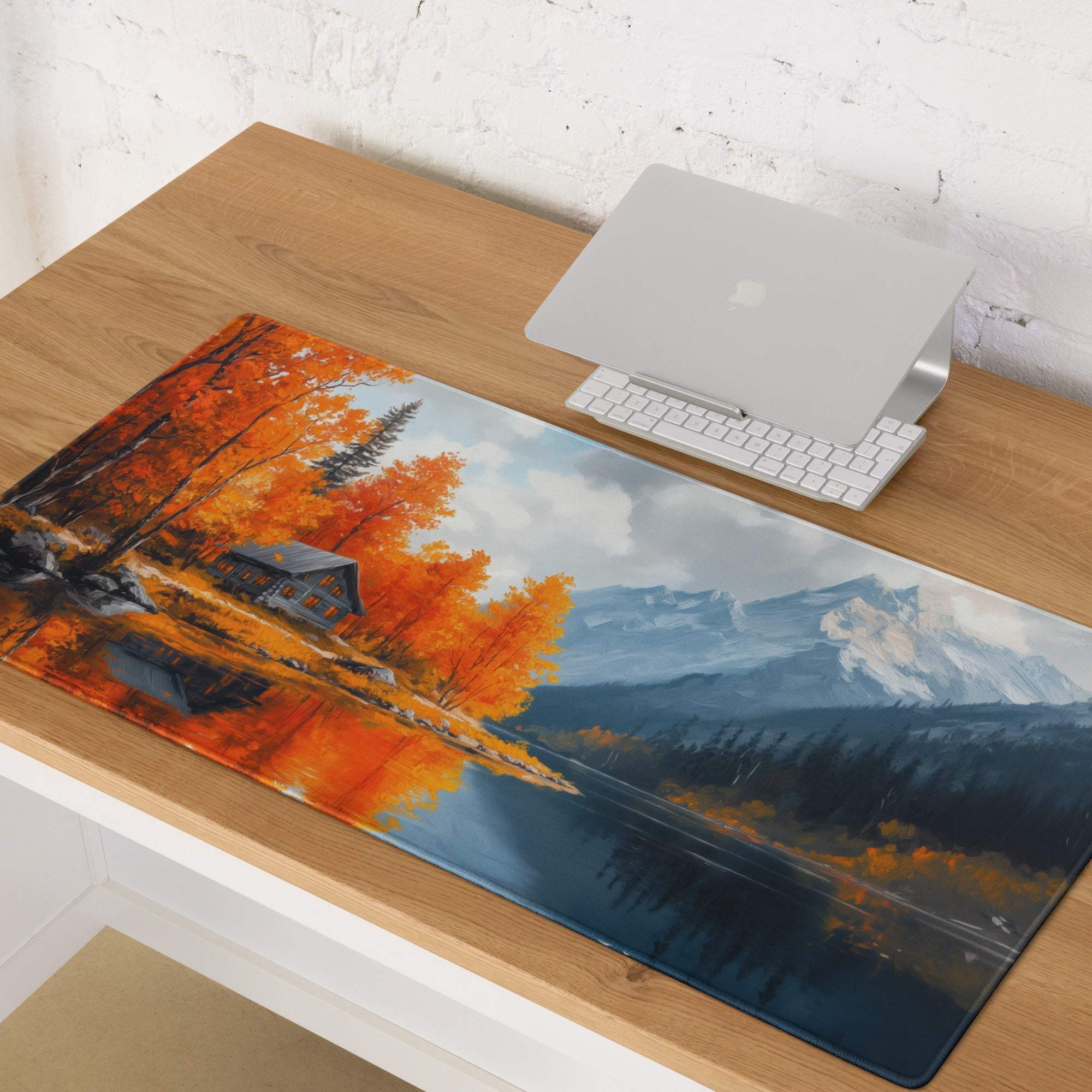 Autumn lake cabin gaming mouse pad with orange trees and mountains