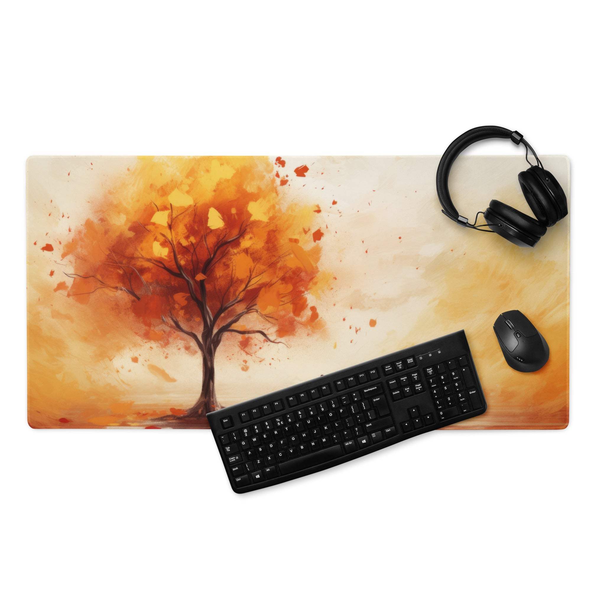 Artistic autumn tree watercolor gaming mouse pad, orange leaves, non-slip