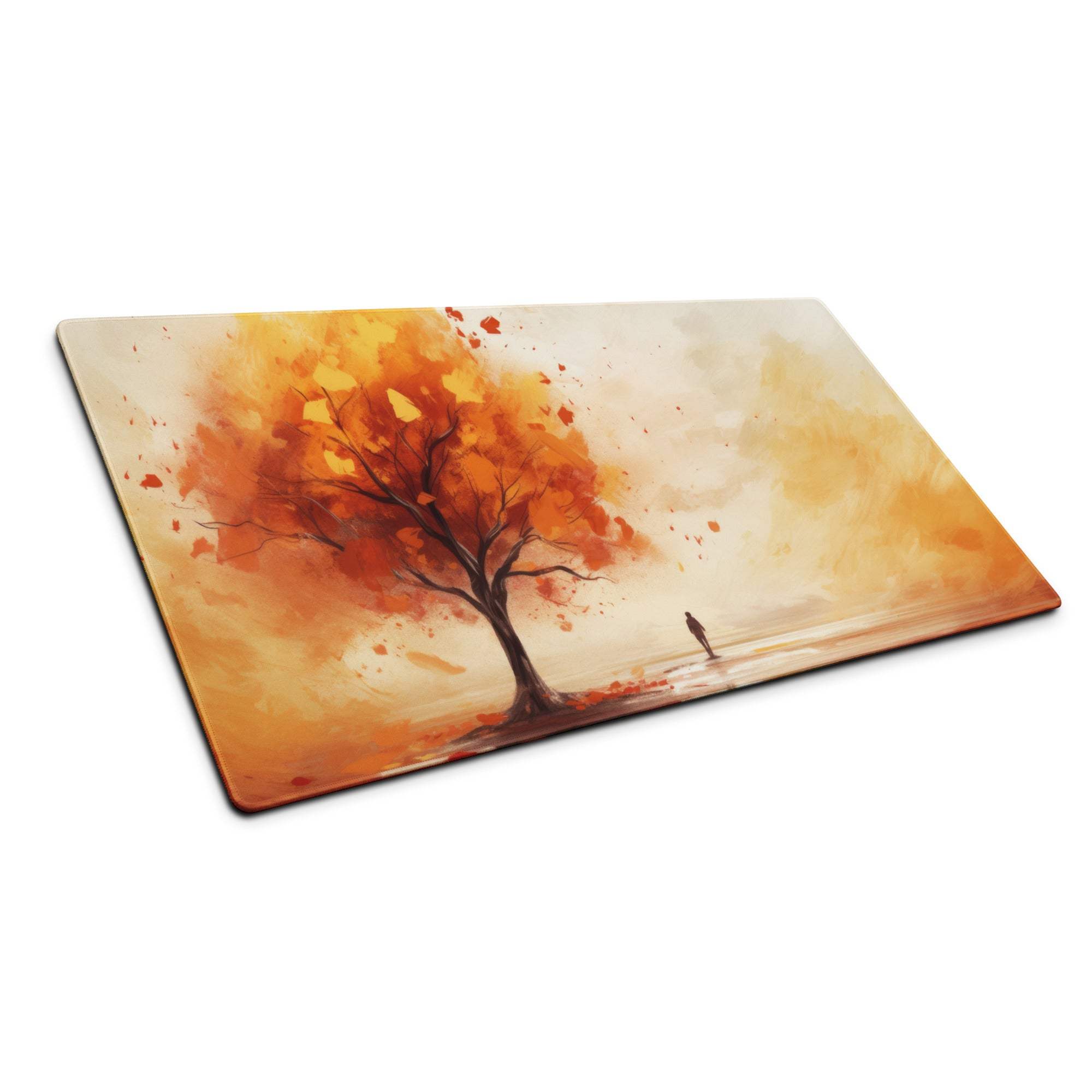 Artistic autumn tree watercolor mouse pad with orange scene and non-slip backing