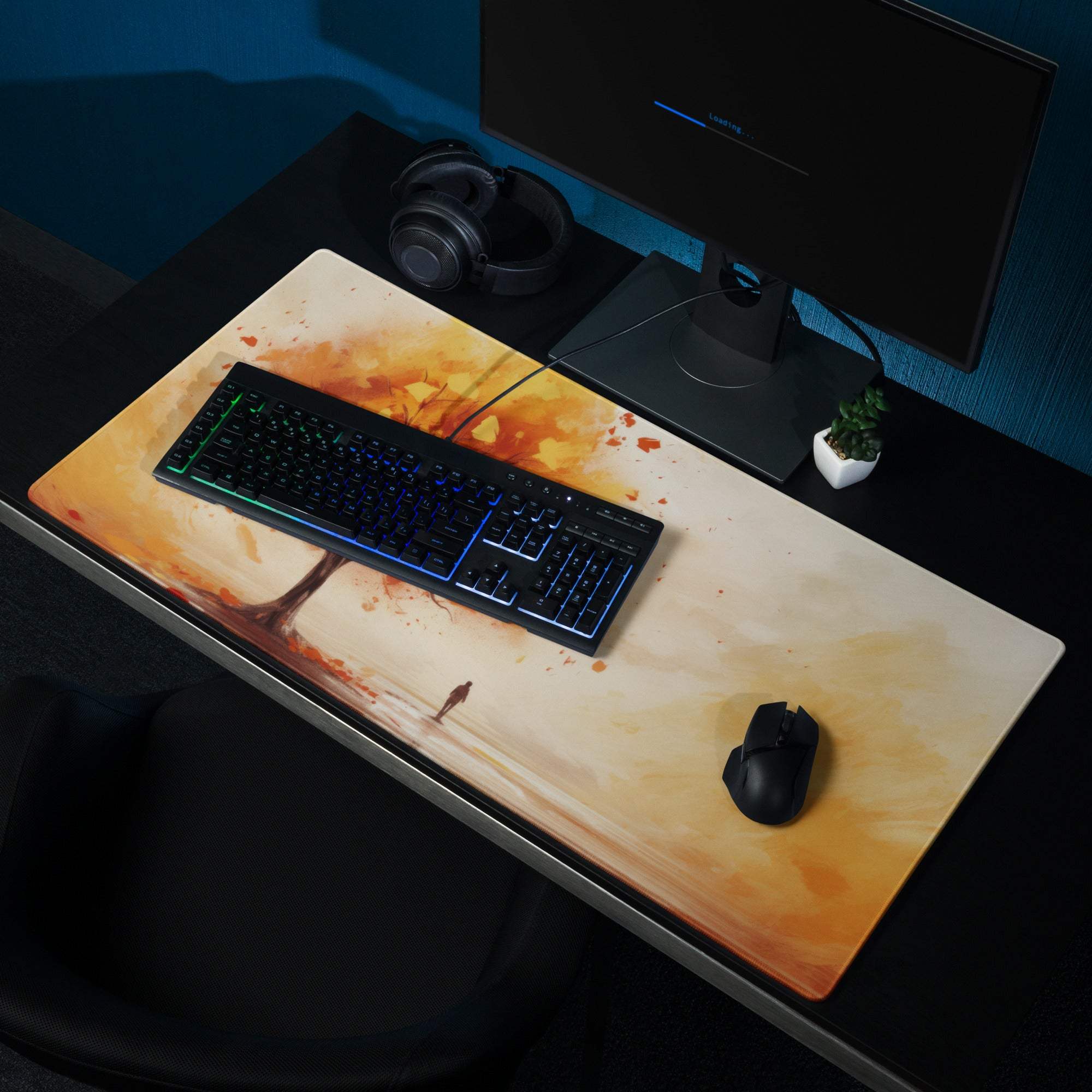Artistic autumn tree watercolor gaming mouse pad in warm orange hues