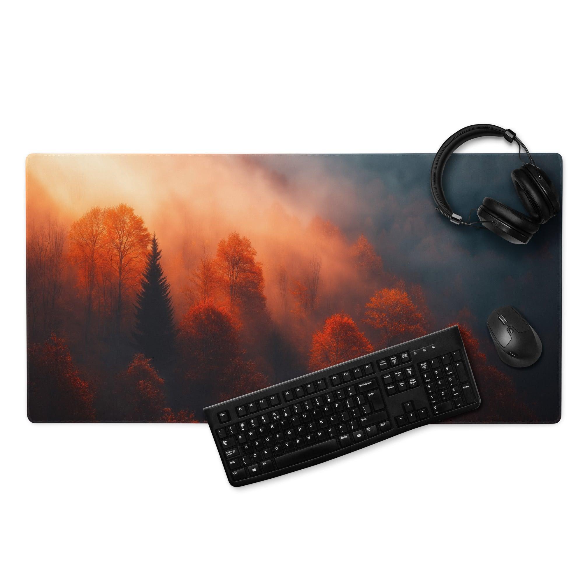 Premium large forest sunrise gaming mouse pad with orange hues and misty trees