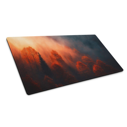 Premium large forest sunrise gaming mouse pad with orange hues and tree silhouettes