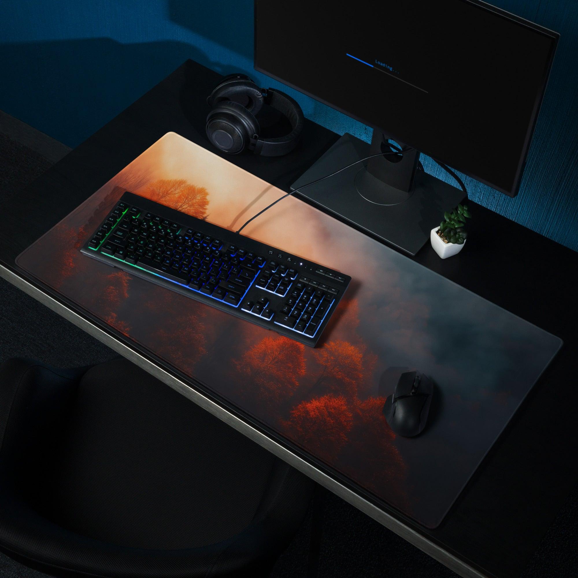 Premium large forest sunrise gaming mouse pad with fiery orange black design
