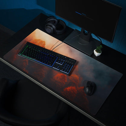 Premium large forest sunrise gaming mouse pad with fiery orange black design