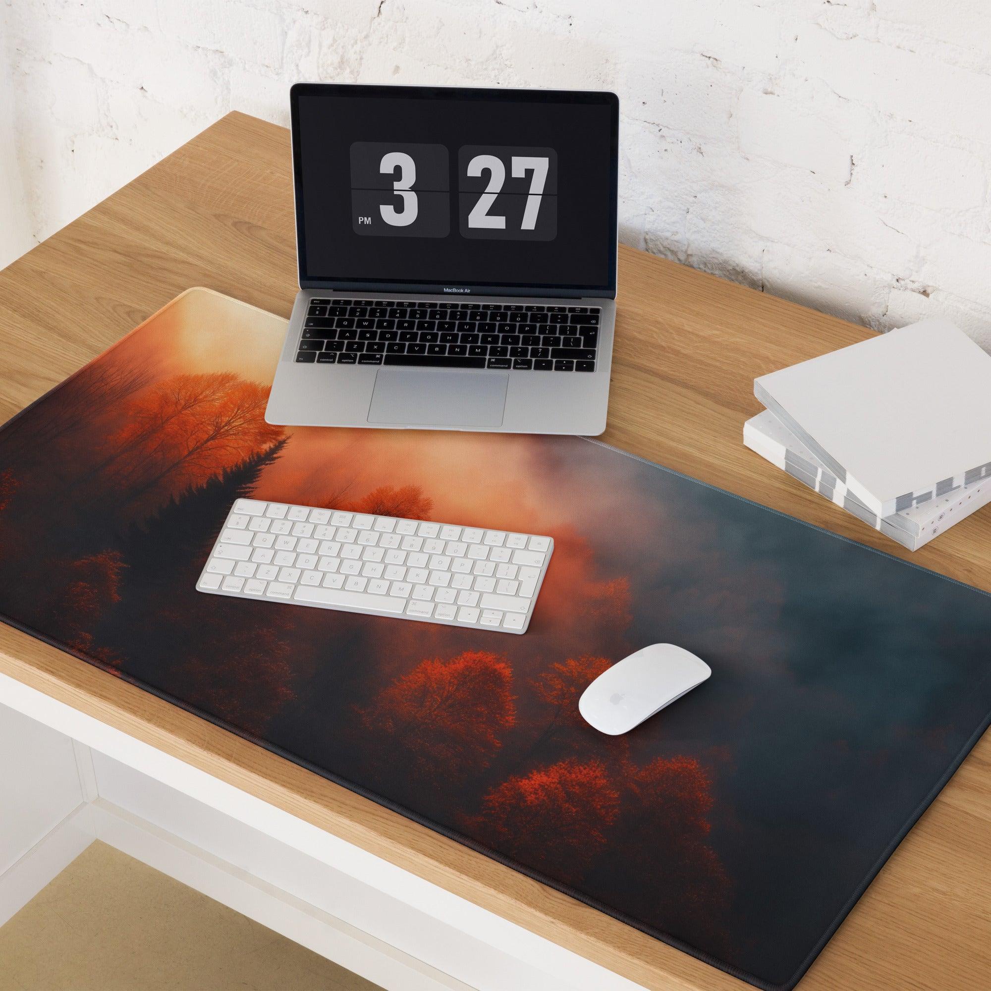 Premium large forest sunrise gaming mouse pad with orange sunset and silhouetted trees