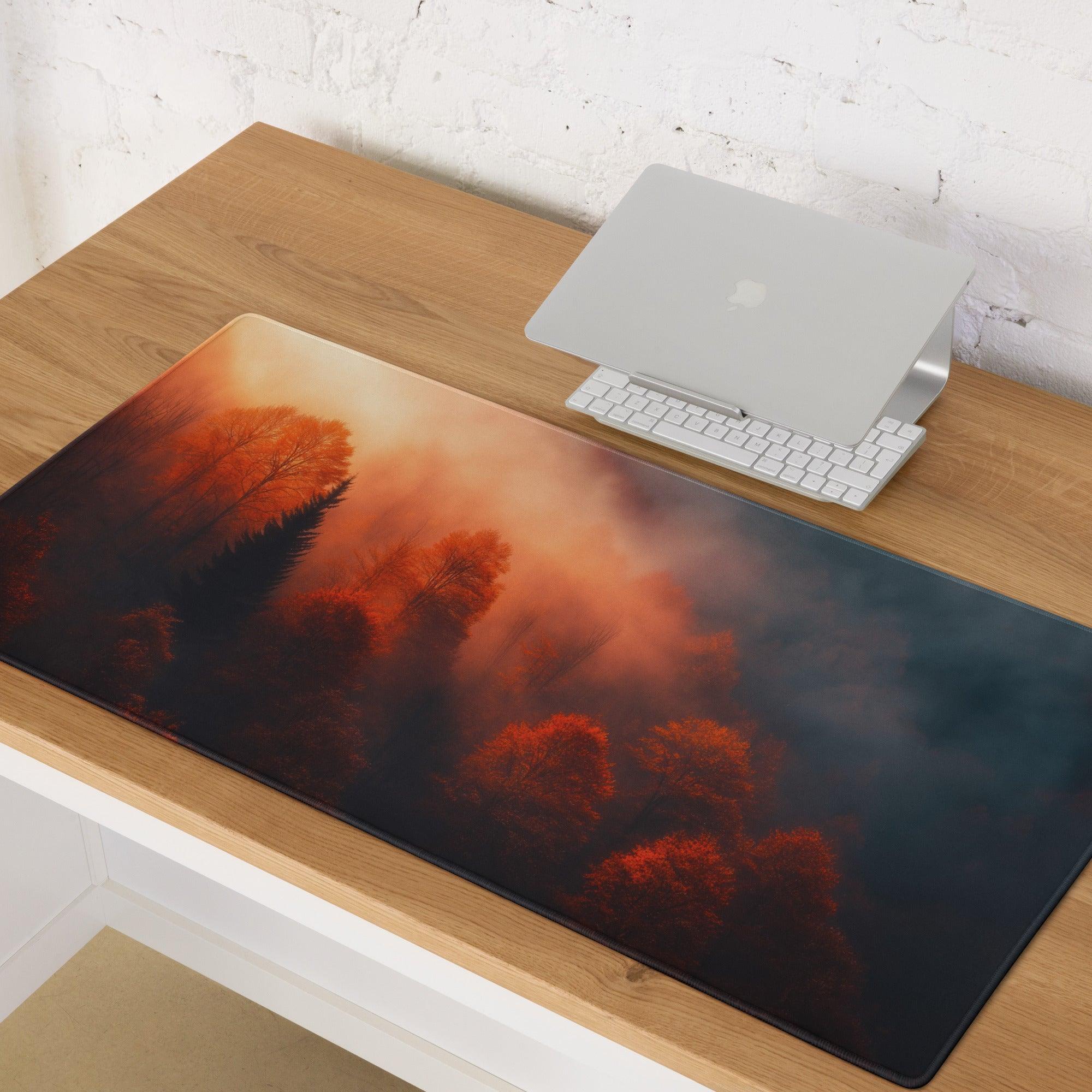 Premium large forest sunrise gaming mouse pad with orange trees
