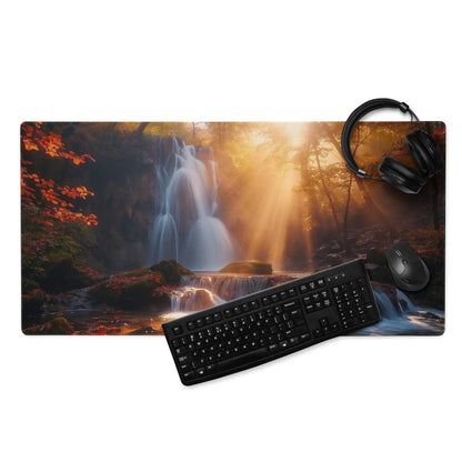 Epic Waterfall Scene gaming mouse pad with golden hour light, non-slip base