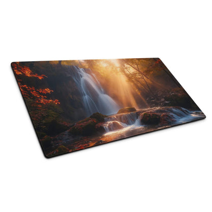 Epic waterfall scene gaming mouse pad with golden hour light and autumn foliage