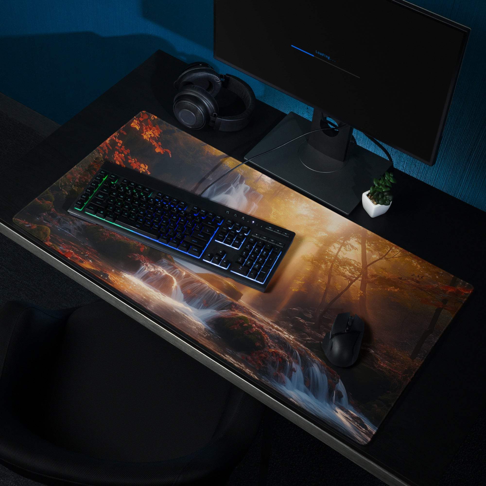 Epic Waterfall Scene gaming mouse pad with golden hour light, large non-slip base