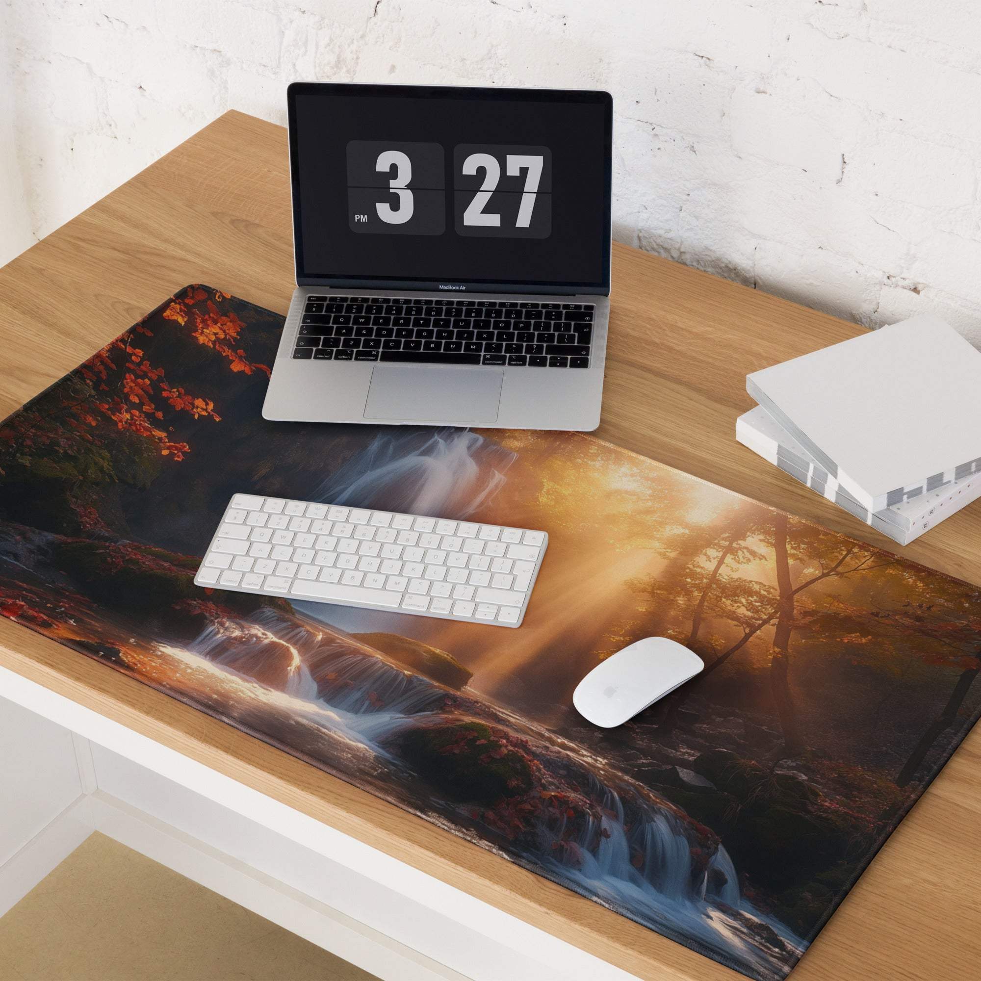 Epic Waterfall Scene gaming mouse pad with golden hour light, large non-slip base