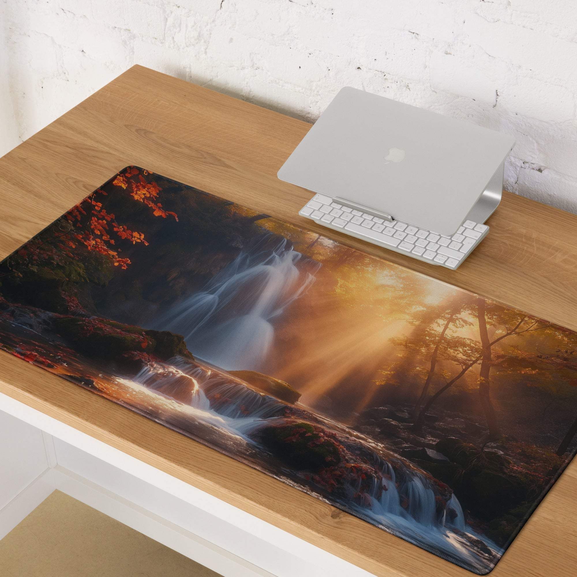 Epic Waterfall Scene gaming mouse pad with golden hour light and non-slip base