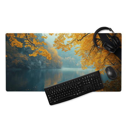 Large autumn orange leaves over lake gaming mouse pad with non-slip backing