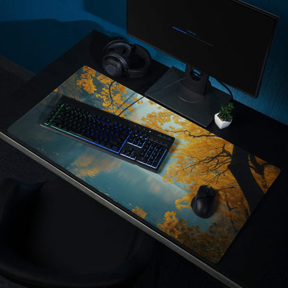 Autumn orange leaves over lake gaming mouse pad with non-slip backing