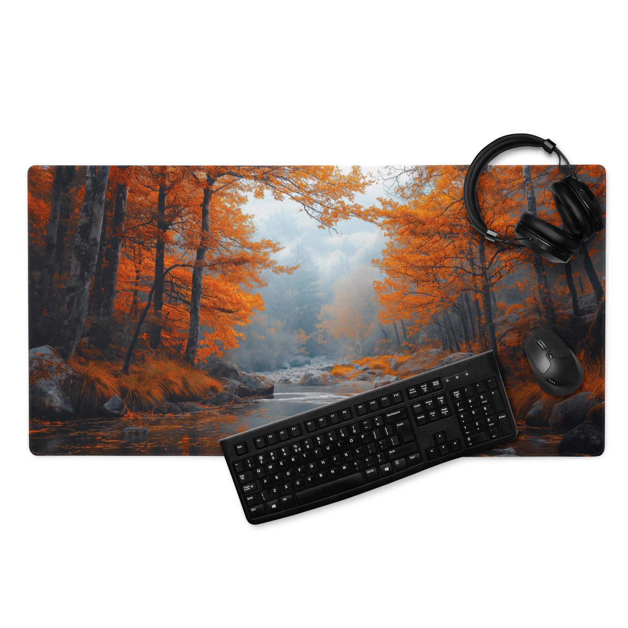 Autumn forest gaming mouse pad with orange trees, misty river, non-slip backing