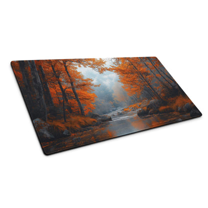 Autumn forest scene rectangular cutting board with orange trees, misty stream, rocky banks