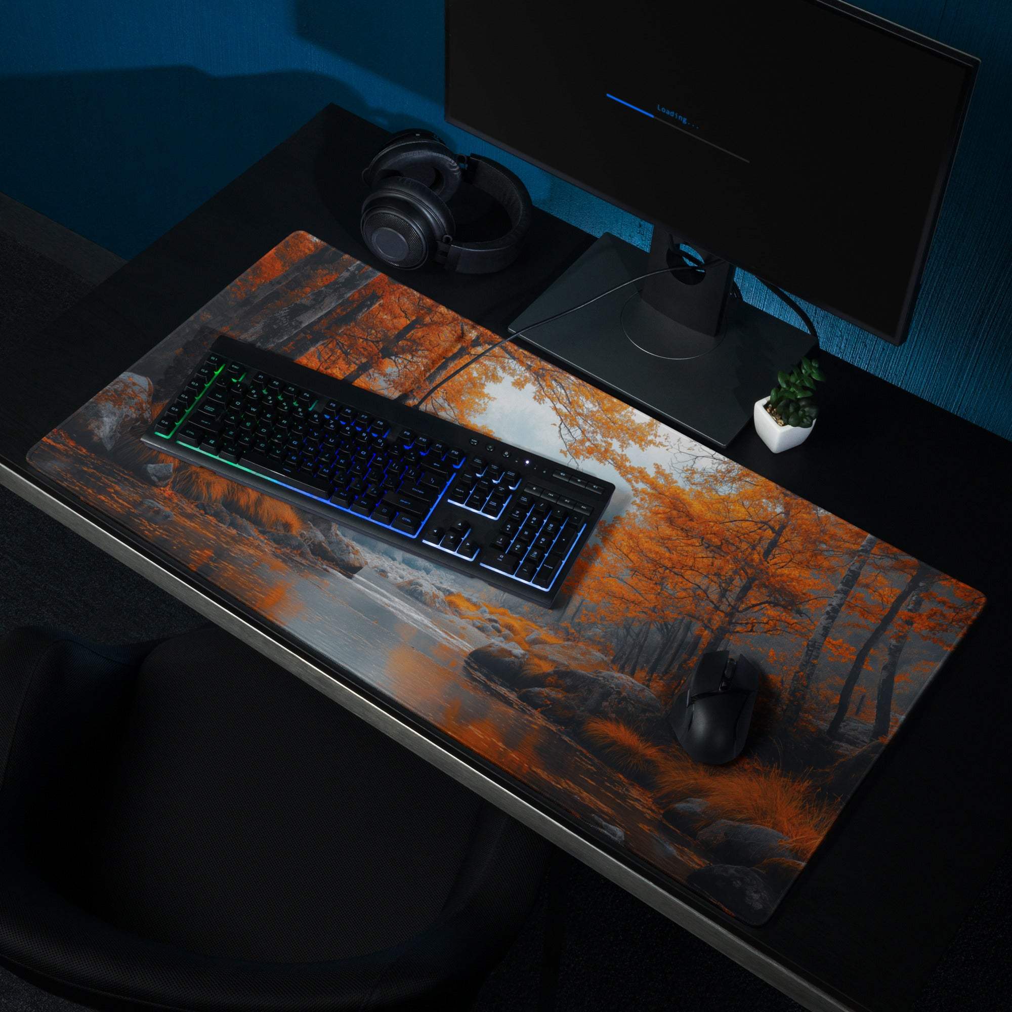 Large Autumn Forest gaming mouse pad with non-slip backing and stitched edges