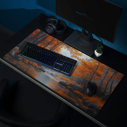 Large Autumn Forest gaming mouse pad with non-slip backing and stitched edges