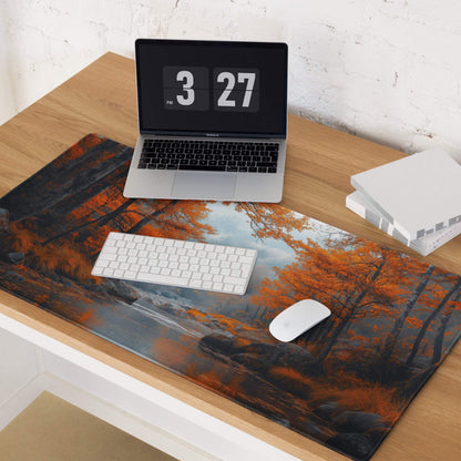 Autumn forest gaming mouse pad with orange trees, non-slip backing, stitched edges