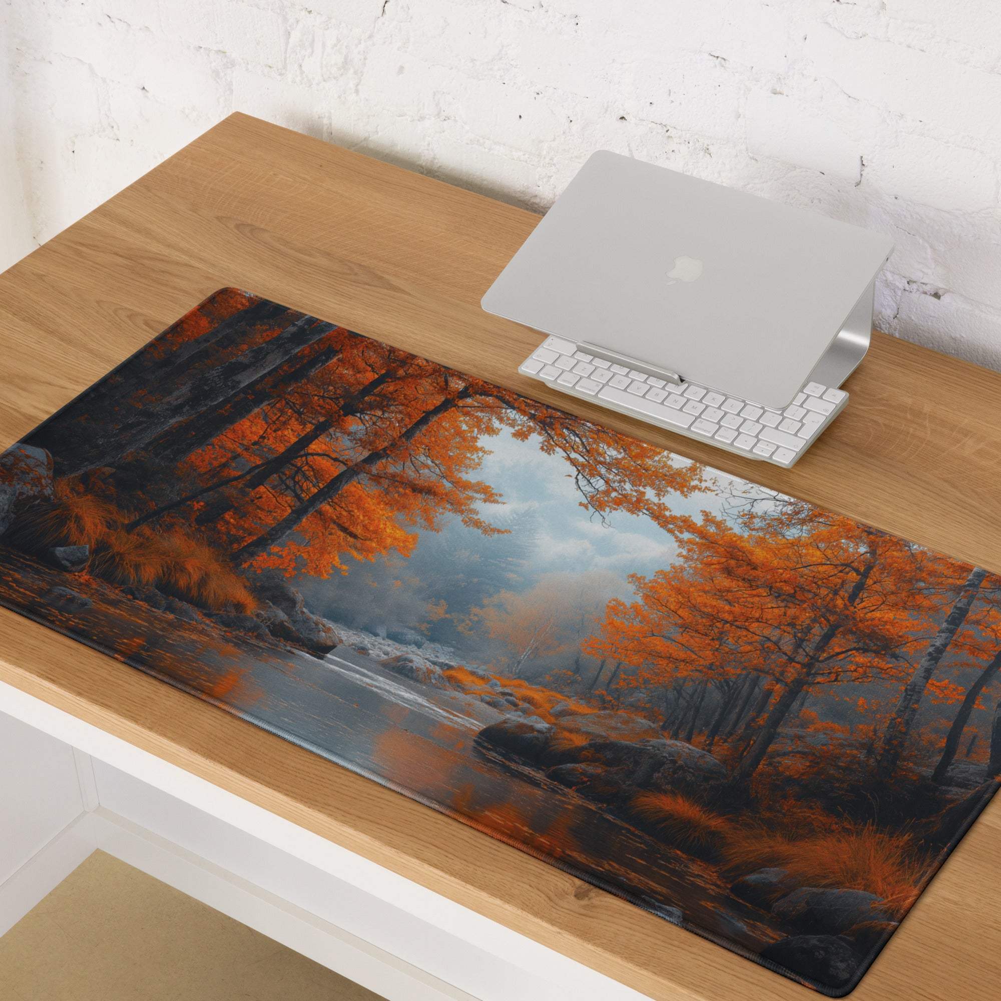 Autumn forest scene gaming mouse pad with large size, non-slip backing, durable edge stitching