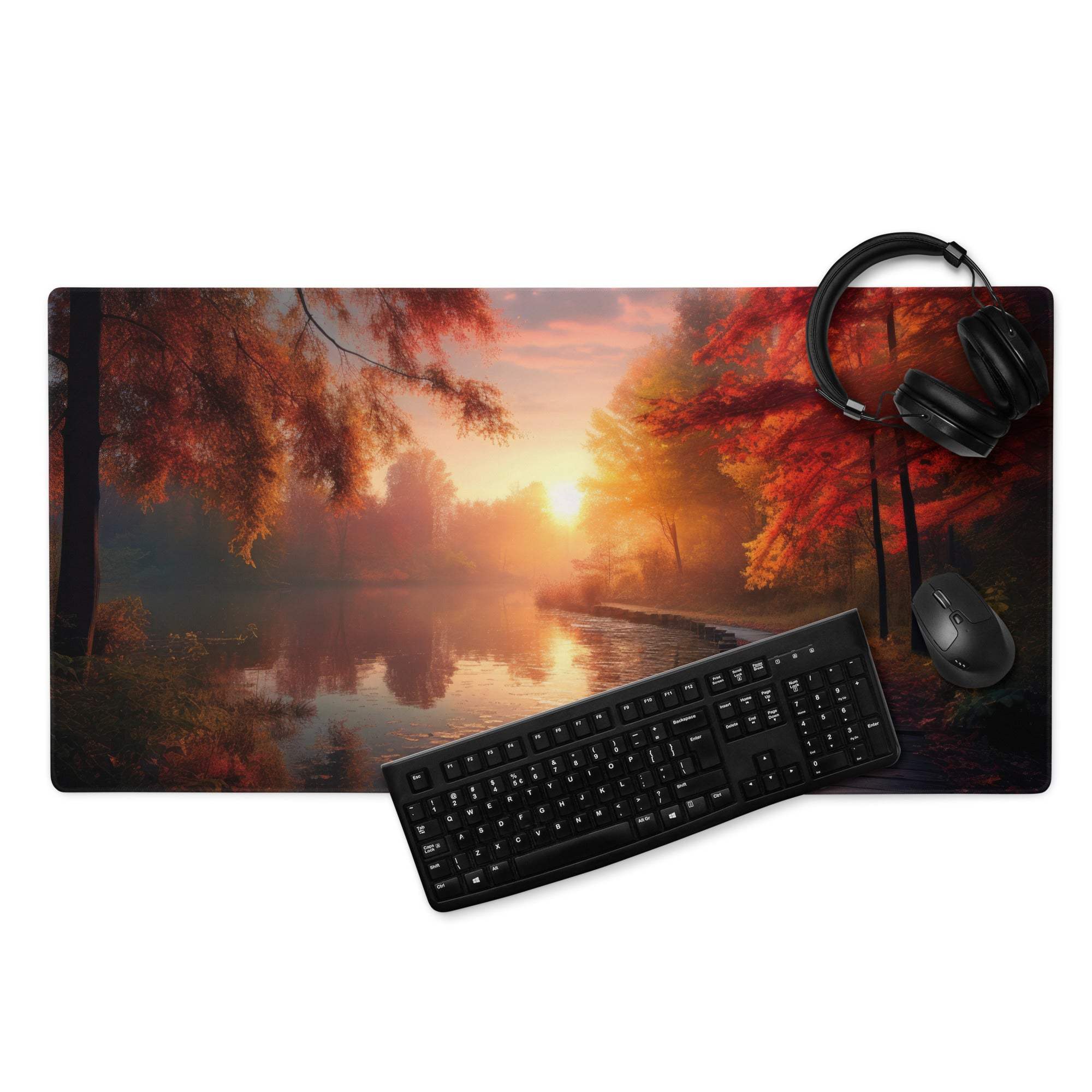 Autumn Sunset large gaming mousepad with headphones, keyboard, non-slip base
